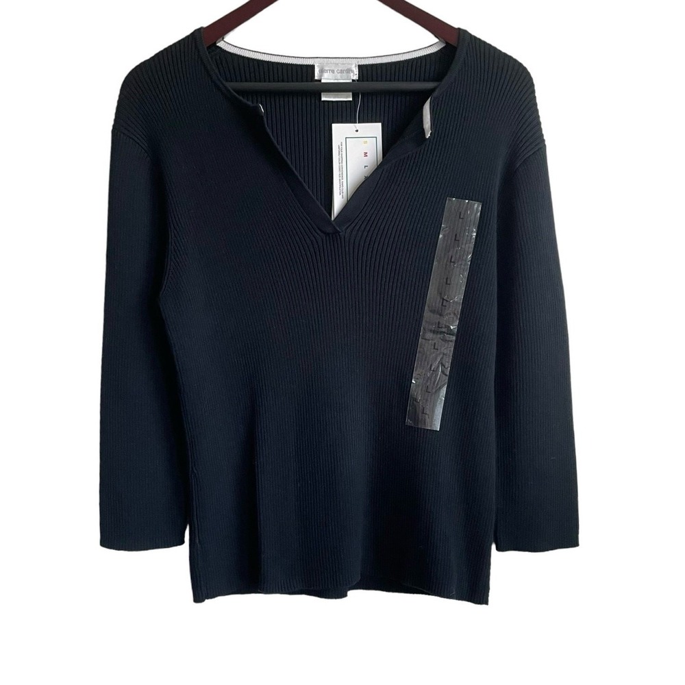 Vintage Womens Black Ribbed Sweater L Split Neck Minimalist Y2K Classic Chic